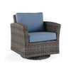 Venice Silver Oak Outdoor Wicker with Spectrum Denim Cushions 5 Piece Swivel Chat Set + 48 in. D Driftwood Sintered Fire Pit Venice Silver Oak Outdoor Wicker with Spectrum Denim Cushions 5 Piece Swivel Chat Set + 48 in. D Driftwood Sintered Fire Pit