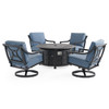 Hill Country Aged Bronze Aluminum with Spectrum Denim Cushions 5 Piece Swivel Chat Set + 48 in. D Fire Pit Hill Country Aged Bronze Aluminum with Spectrum Denim Cushions 5 Piece Swivel Chat Set + 48 in. D Fire Pit