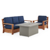 Castello Teak with Cushions 3 Piece Sofa Group + 52 x 32 in. Sintered Fire Pit