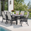 Siena Coal Aluminum with Sailing Seagull Cushions 7 Piece Dining Set + 84 x 44 in. Table