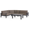 Chelsea Textured Black Aluminum and Weather Teak Outdoor Wicker Concealed Cushions 5 Piece Sectional + 46 x 26 in. Coffee Table