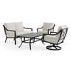 Hill Country Aged Bronze Aluminum and Cushion 4 Piece Swivel Loveseat Group + 48 x 28 in. Coffee Table