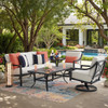 Hill Country Aged Bronze Aluminum and Cushion 4 Piece Swivel Sofa Group + 48 x 28 in. Coffee Table