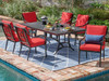 Hill Country Aged Bronze Aluminum and Jockey Red Cushion 7 Pc. Dining Set with 84 x 42 in. Table