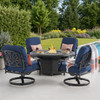 Roma Black Gold Cast Aluminum with Cushions 5 Piece Swivel Chat Set + 52 in. D Gas Fire Pit