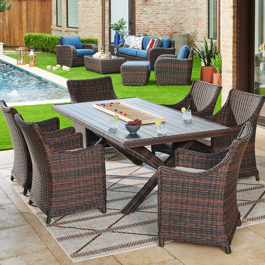 Biscayne Sangria Outdoor Wicker with Cushions 7 Piece Dining Set + 84 x