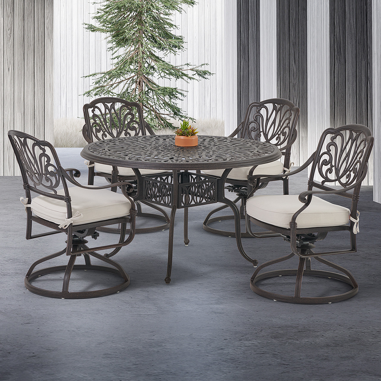 Cadiz Cast Aluminum with Cushions 5 Piece Dining Set + 48 in. D Table