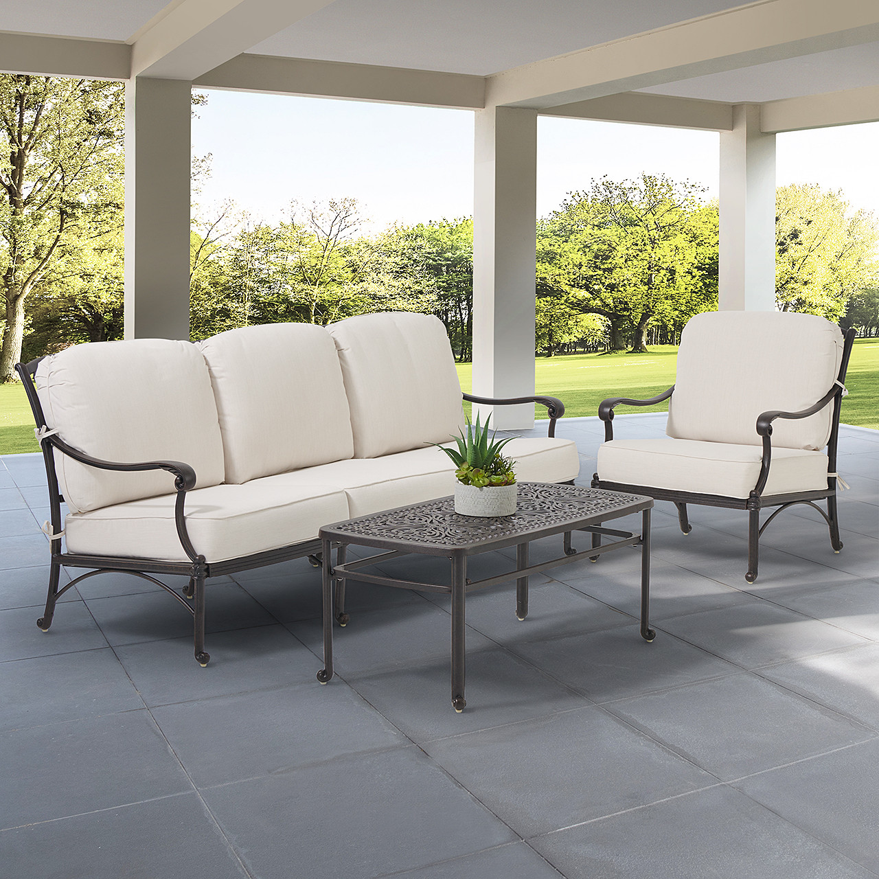 Verona Desert Bronze Cast Aluminum with Cushions 3 Piece Sofa Group