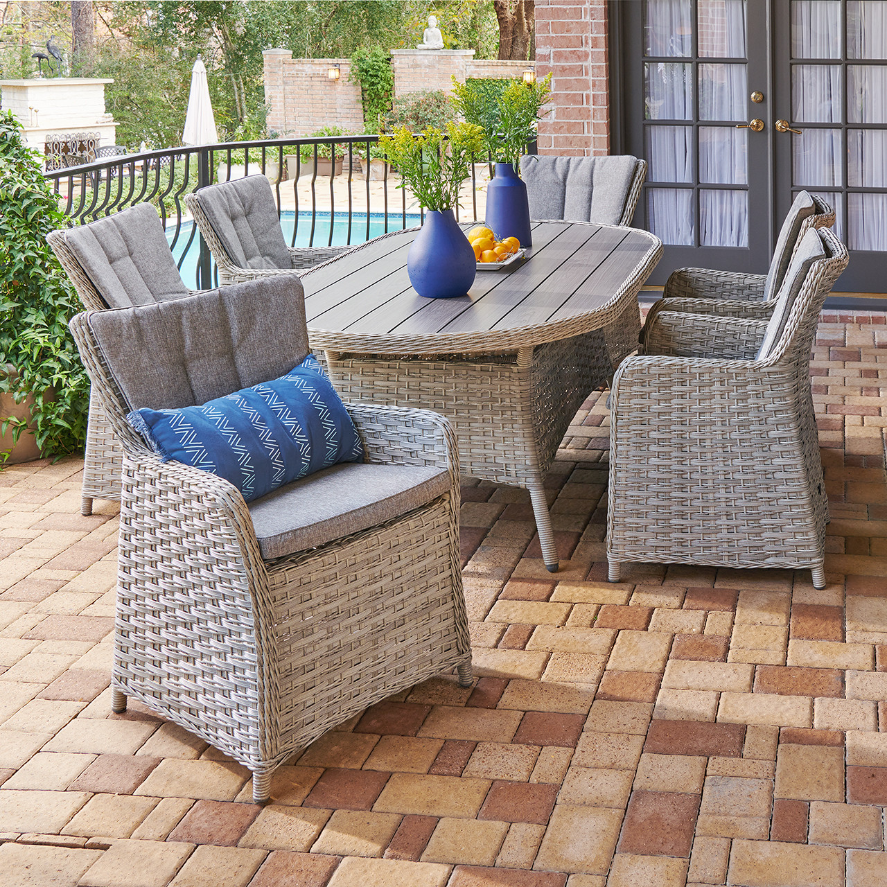 Samoa Slate Outdoor Wicker and Grey Linen Cushion 7 Pc. High Back Dining Set with 80 x 42 in. Table
