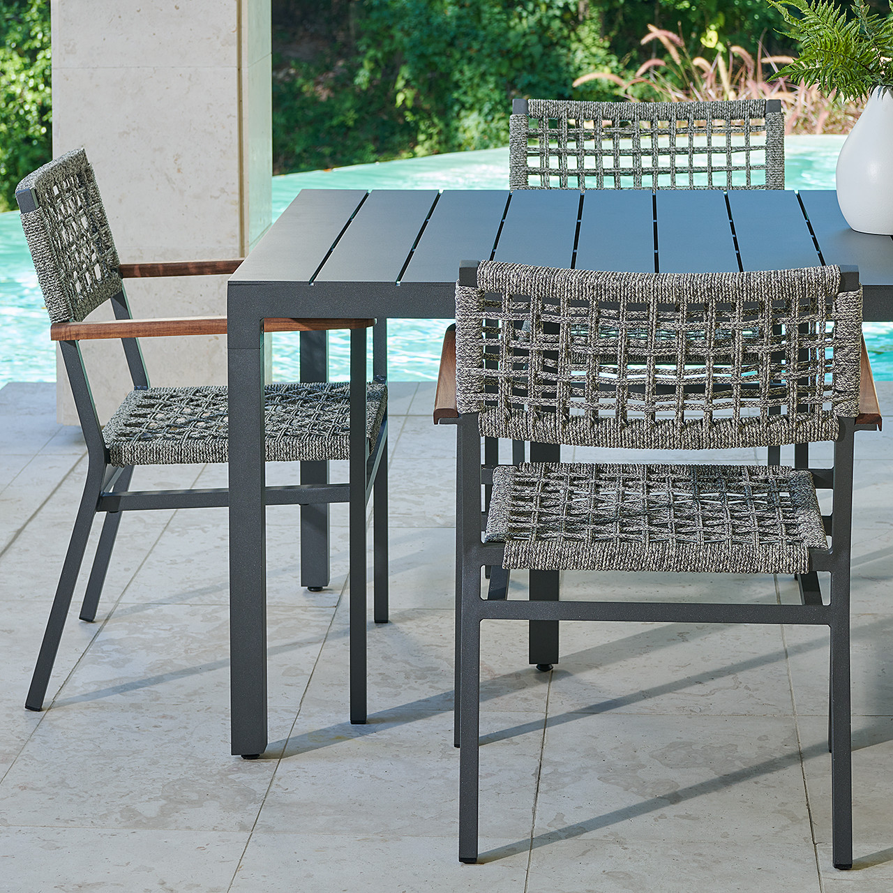 San Miguel Anthracite Aluminum with Grey Linen Rope 7 Piece Arm Dining Set + 84 x 42 in. Table