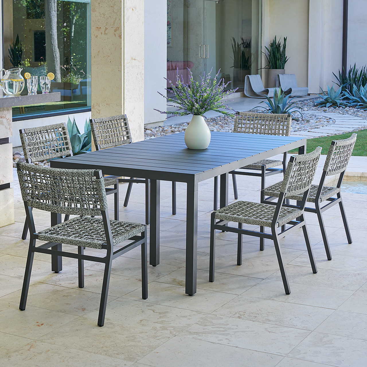 San Miguel Anthracite Aluminum with Grey Linen Rope 7 Piece Side Dining Set + 84 x 42 in. Table