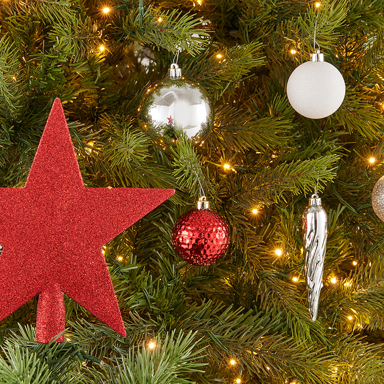 In-Store Only - Assorted Red and Silver Shatterproof Christmas Ball Ornaments with Red Star Tree Topper, Set of 33