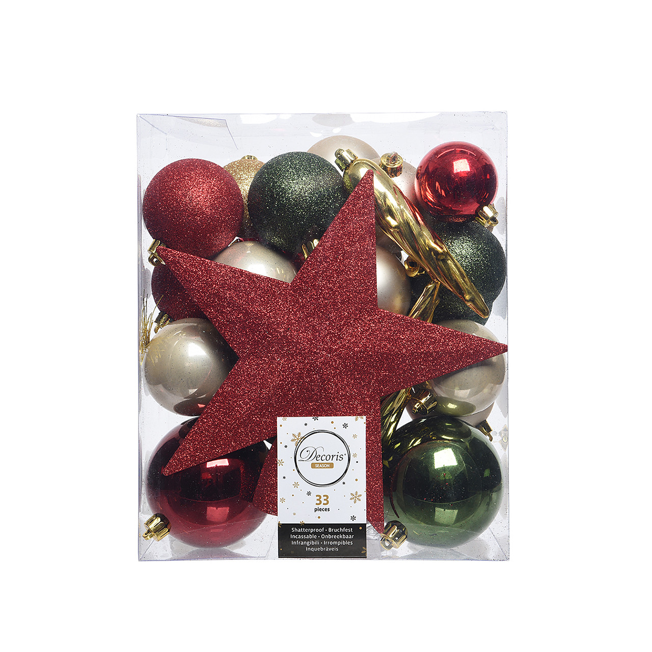 In-Store Only - Assorted Red, Green, and Ivory Shatterproof Christmas Ball Ornaments with Red Star Tree Topper, Set of 33