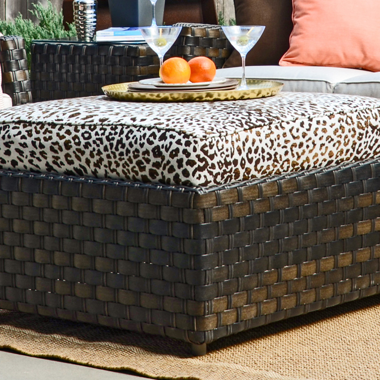 Catalina Cigar Outdoor Wicker with Instinct Espresso Cushion 35 in. Sq. Ottoman Coffee Table