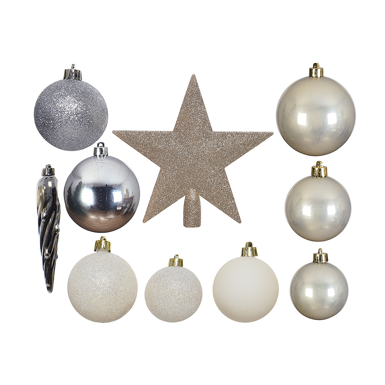 In-Store Only - Assorted Gold, Pearl, and Wool White Shatterproof Christmas Ball Ornaments with Red Star Tree Topper, Set of 33