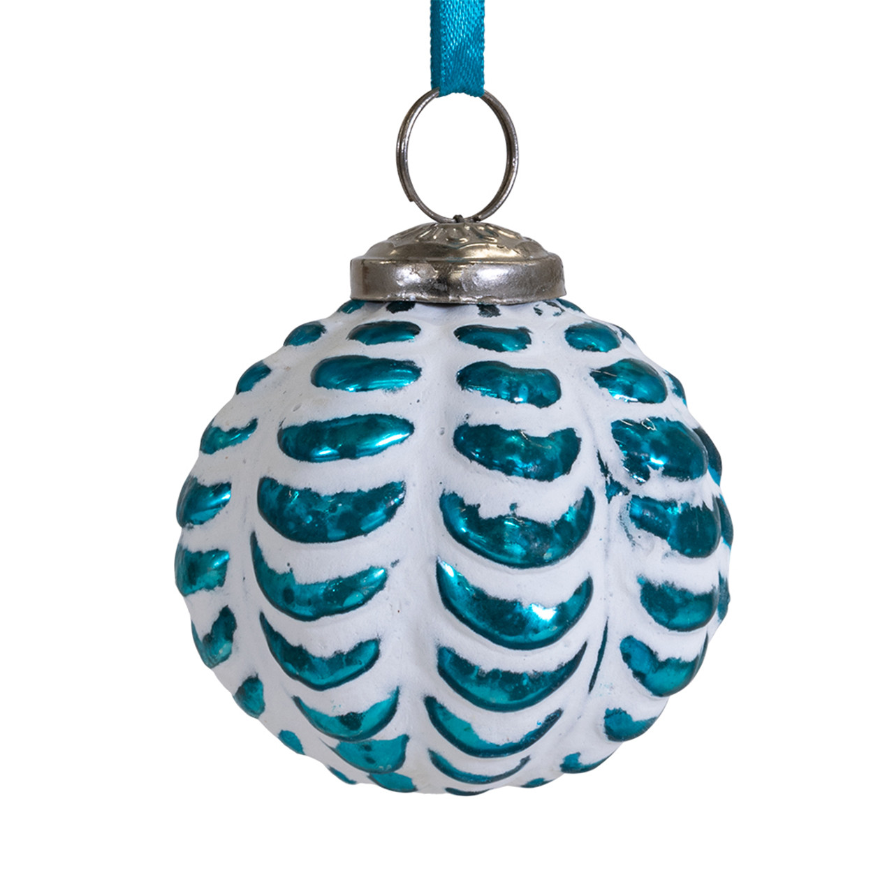 In-Store Only - 3 in. Ice Blue Ball with White Overlay Design Glass Christmas Ornament