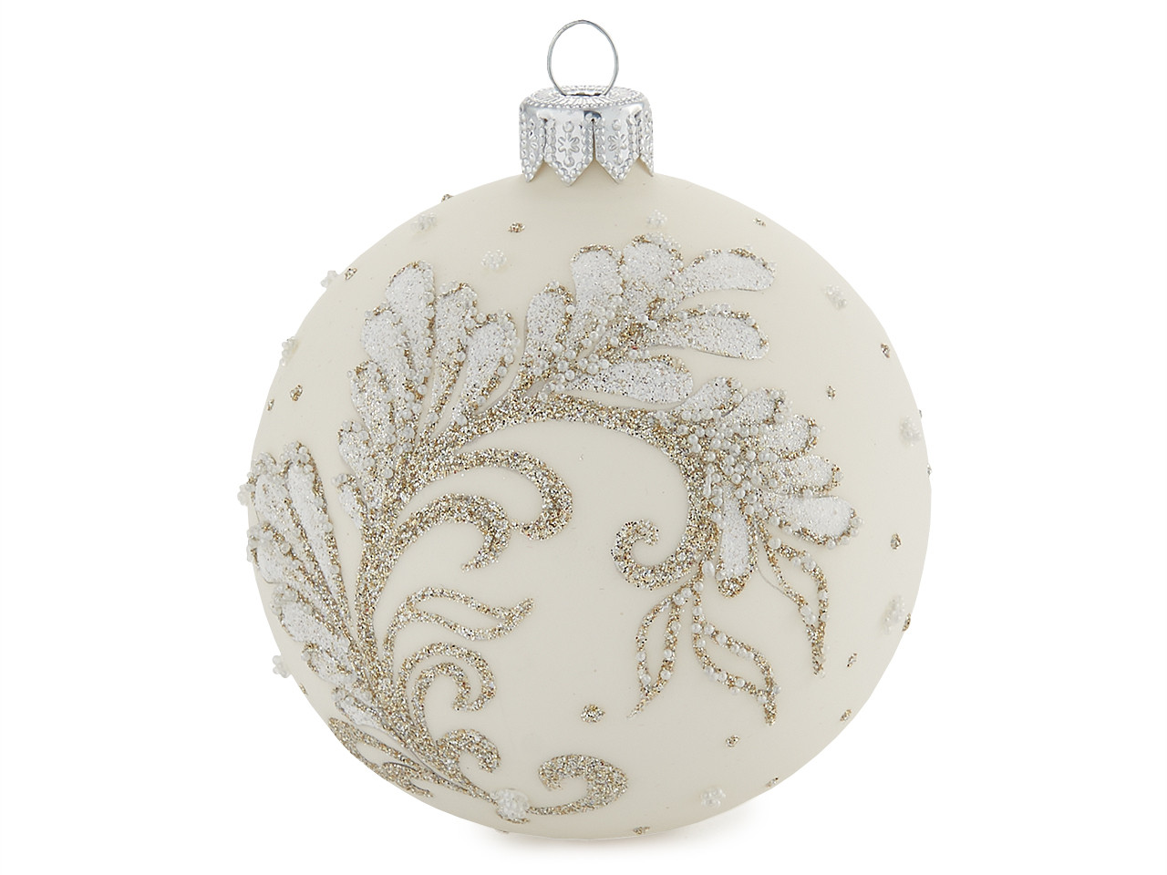 80 mm Wool White Matte Glitter Branch Glass Christmas Ball Ornament