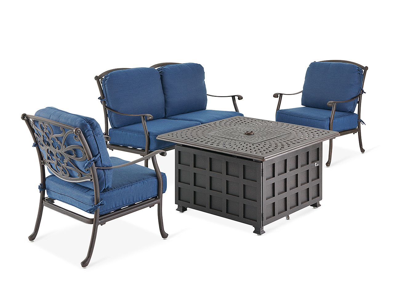 Carlisle Aged Bronze Cast Aluminum and Navy Cushion 4 pc. Loveseat Group with 42 in. Sq. Firepit Table