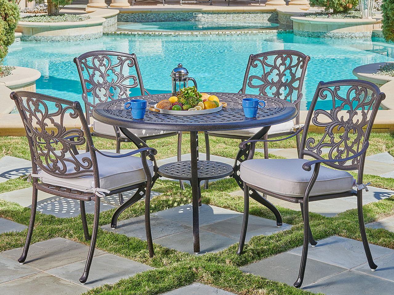 Carlisle Aged Bronze Cast Aluminum and Cast Pumice Cushion 5 Pc. Dining Set with 48 in. D Table