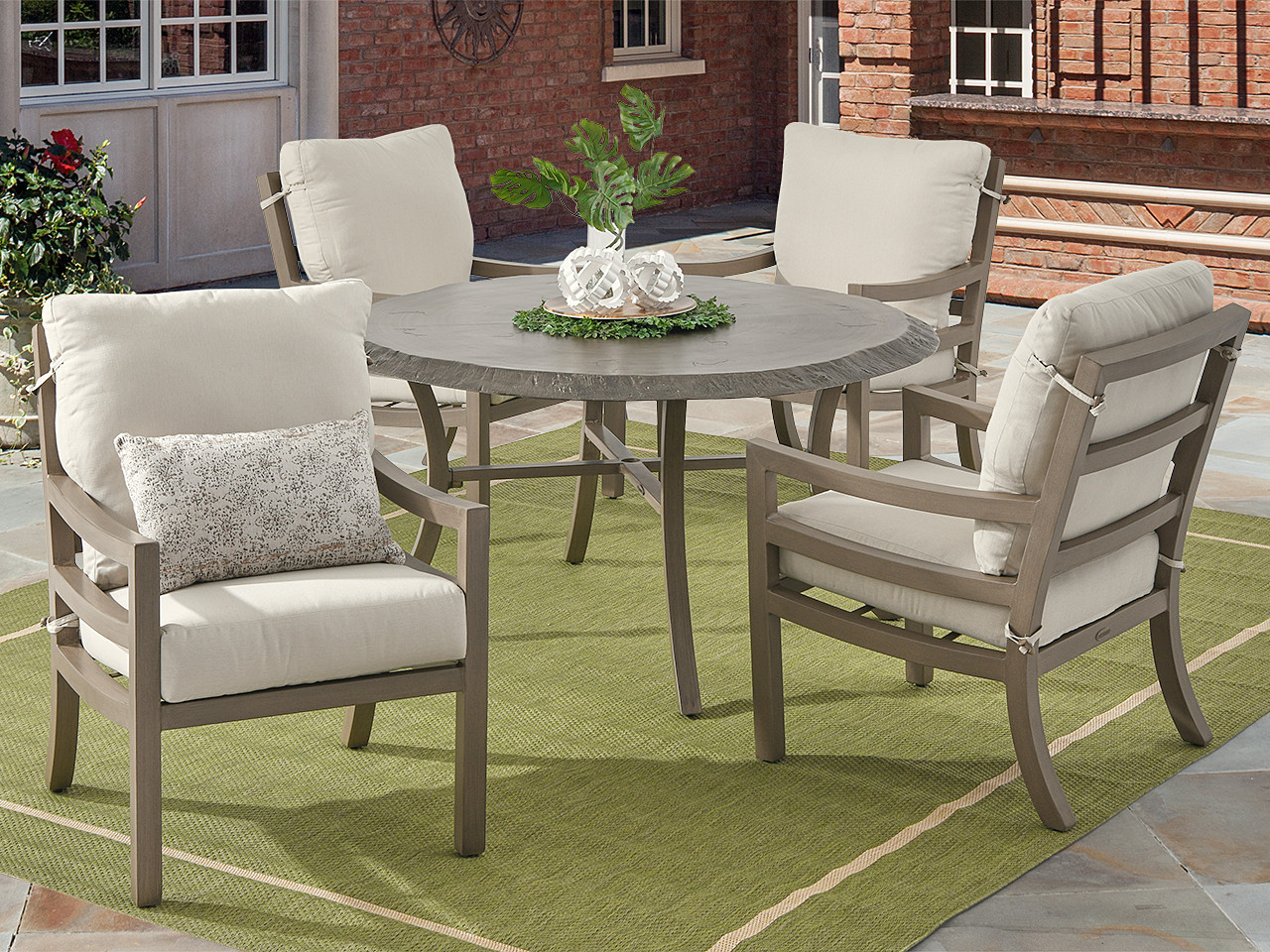 Roma Weathered Wood Aluminum and Sand Linen Cushion 5 Pc. Dining Set with 54 in. D Table