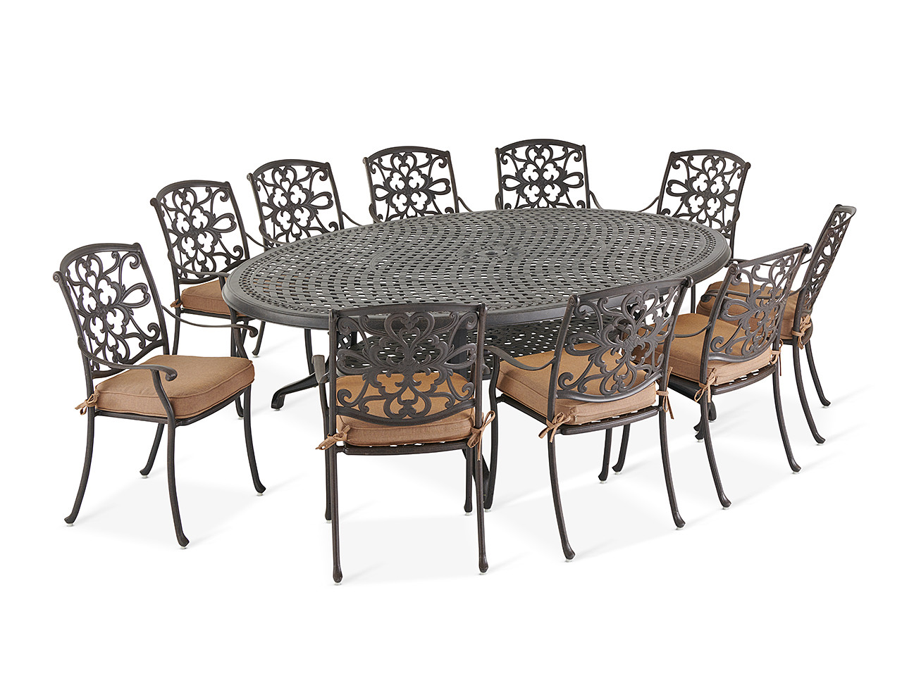 Carlisle Aged Bronze Cast Aluminum and Cast Teak Cushion 11 Pc. Dining Set with 98 x 69 in. Table