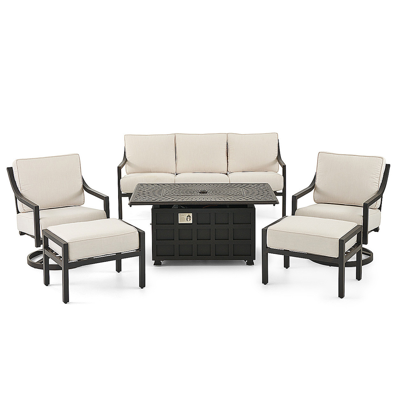 Hill Country Aged Bronze Aluminum and Cast Pumice Cushion 6 Pc. Swivel Sofa Group with and 52 x 32 in. Fire Pit Coffee Table