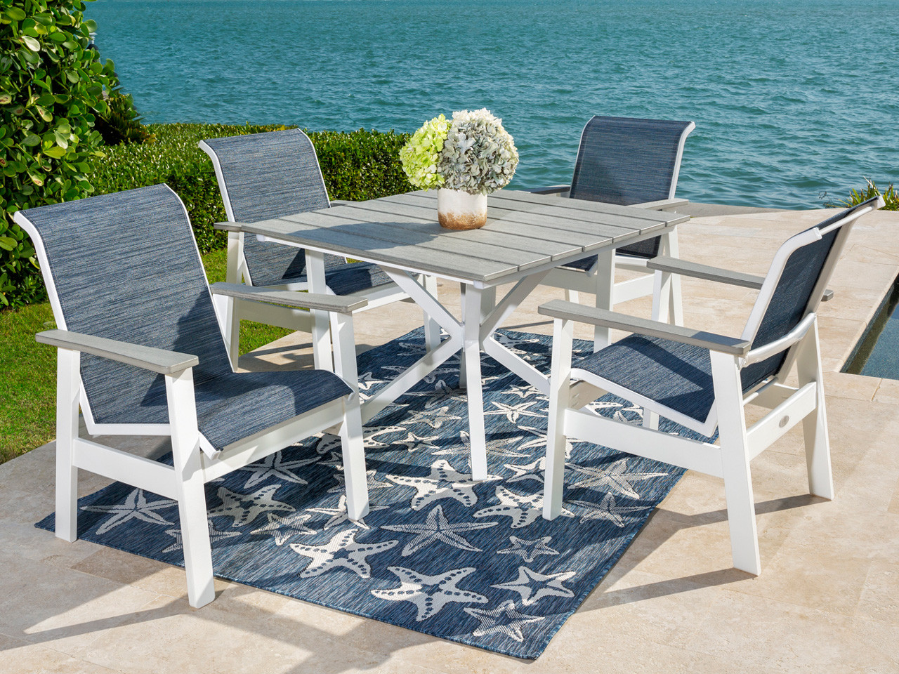 Harborview River White Polymer and Collect Indigo Sling 5 Pc. Dining Set with 40 x 40 in. Dining Table
