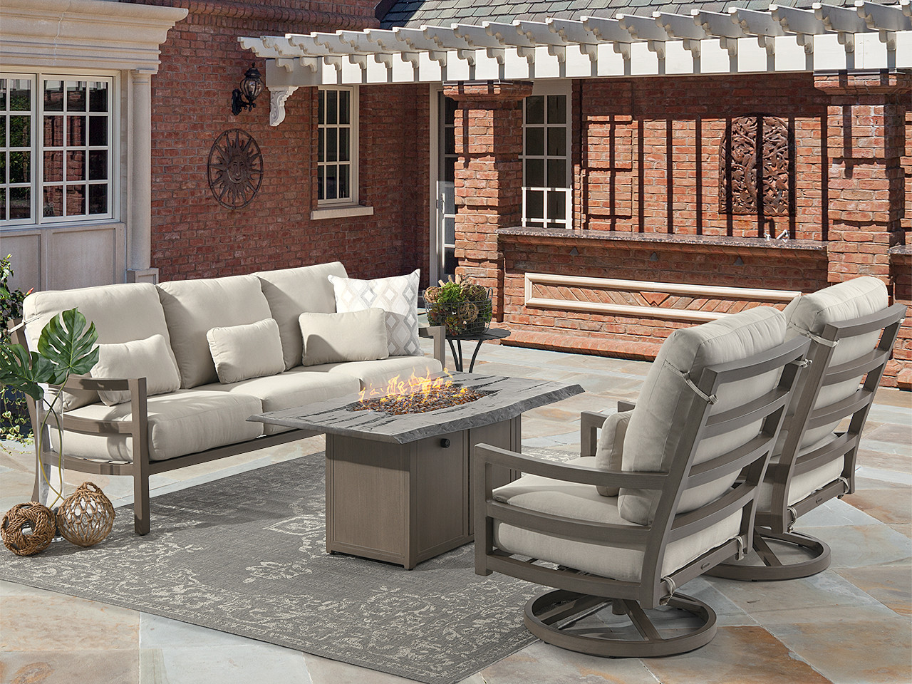 Roma Weathered Wood Aluminum and Sand Linen Cushion 4 Pc. Sofa Group and Swivel Rockers with 54 x 29 in. Fire Pit