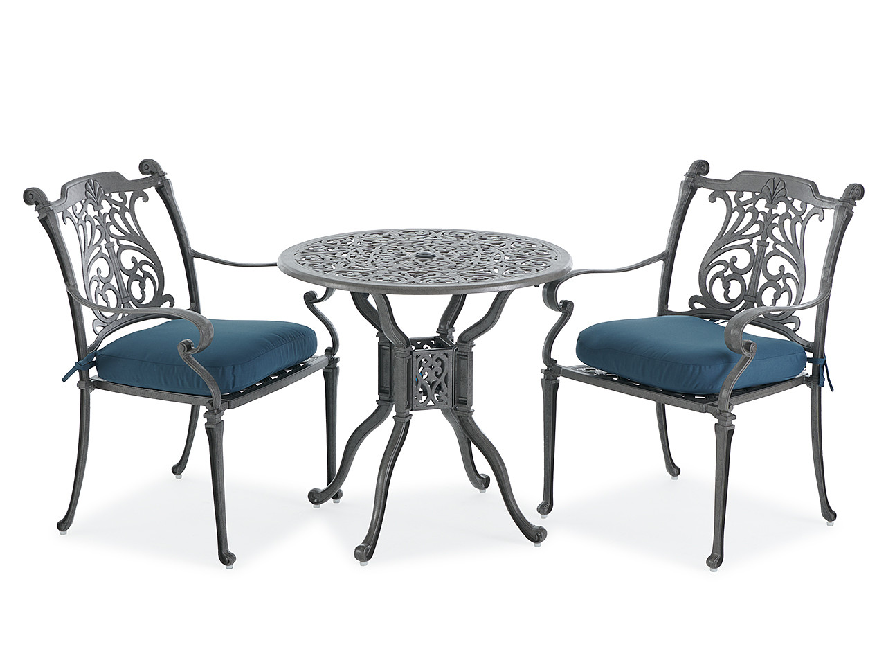 Naples Saddle Grey Cast Aluminum and Navy Cushion 3 Pc. Bistro Set with 30 in. D Table