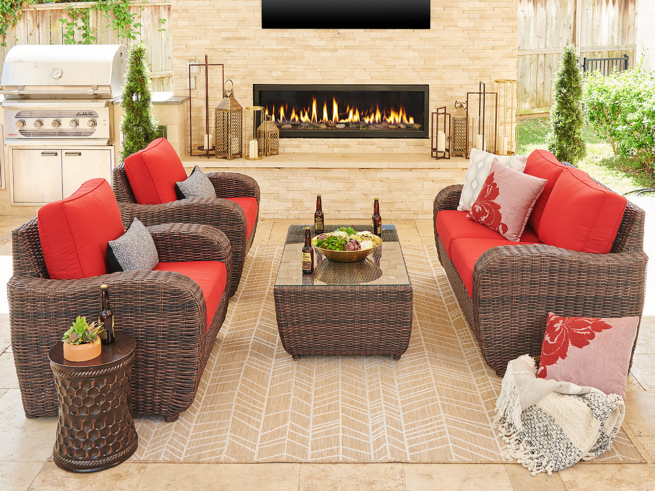 Valencia Sangria Outdoor Wicker and Jockey Red Cushion 4 Pc. Loveseat Group with 48 x 28 in. Glass Top Coffee Table