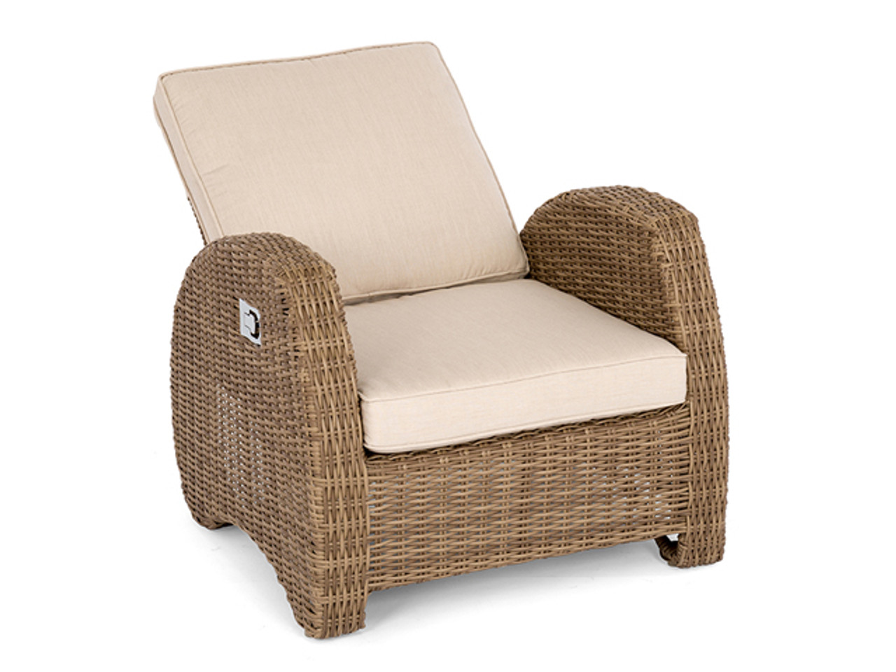 Bora Bora Driftwood Outdoor Wicker and Canvas Flax Cushion 5 Pc. Reclining Chair Group with 20 in. Side Table