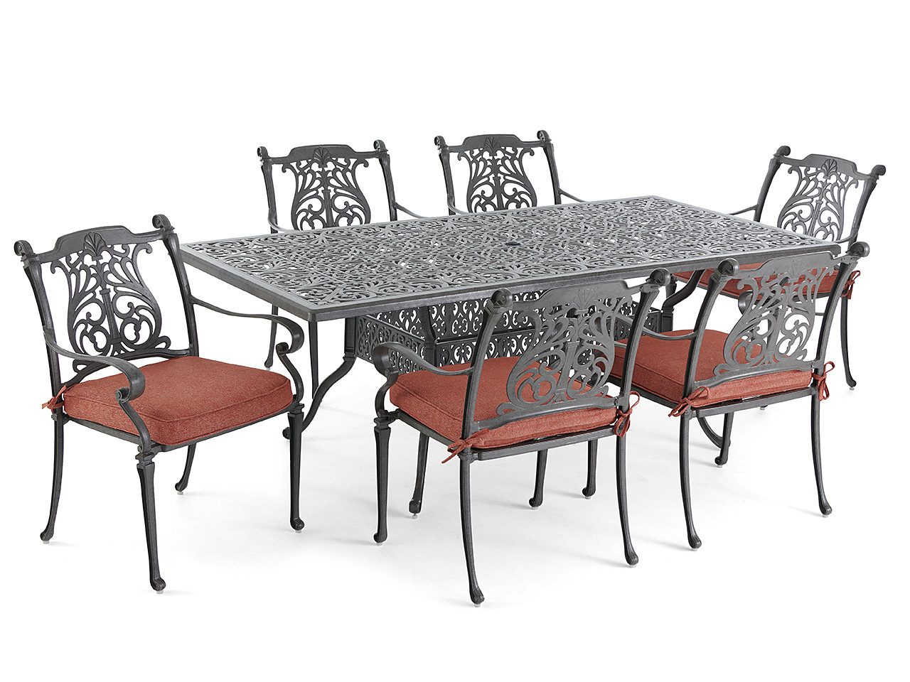 Naples Saddle Grey Cast Aluminum and Sunset Cushion 7 Pc. Dining Set with 84 x 42 in. Table