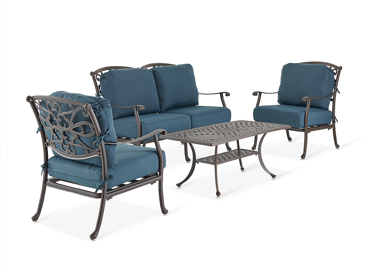 Carlisle Aged Bronze Cast Aluminum and Navy Cushion 4 Pc. Loveseat Group with 45 x 24 in. Coffee Table