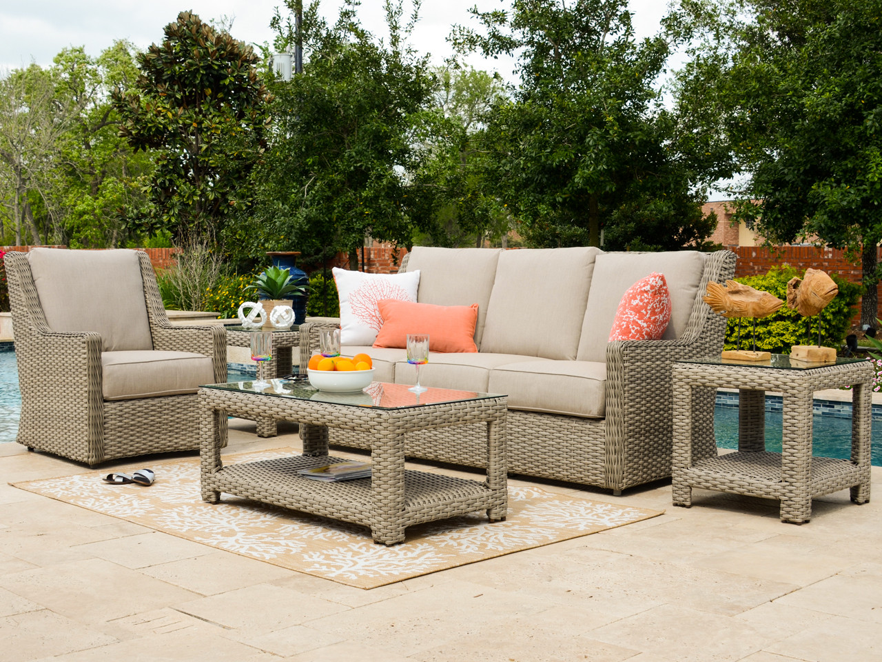 Como Sandpiper Outdoor Wicker and Cast Ash Cushion 3 Pc. Sofa Group with 44 x 24 in. Coffee Table