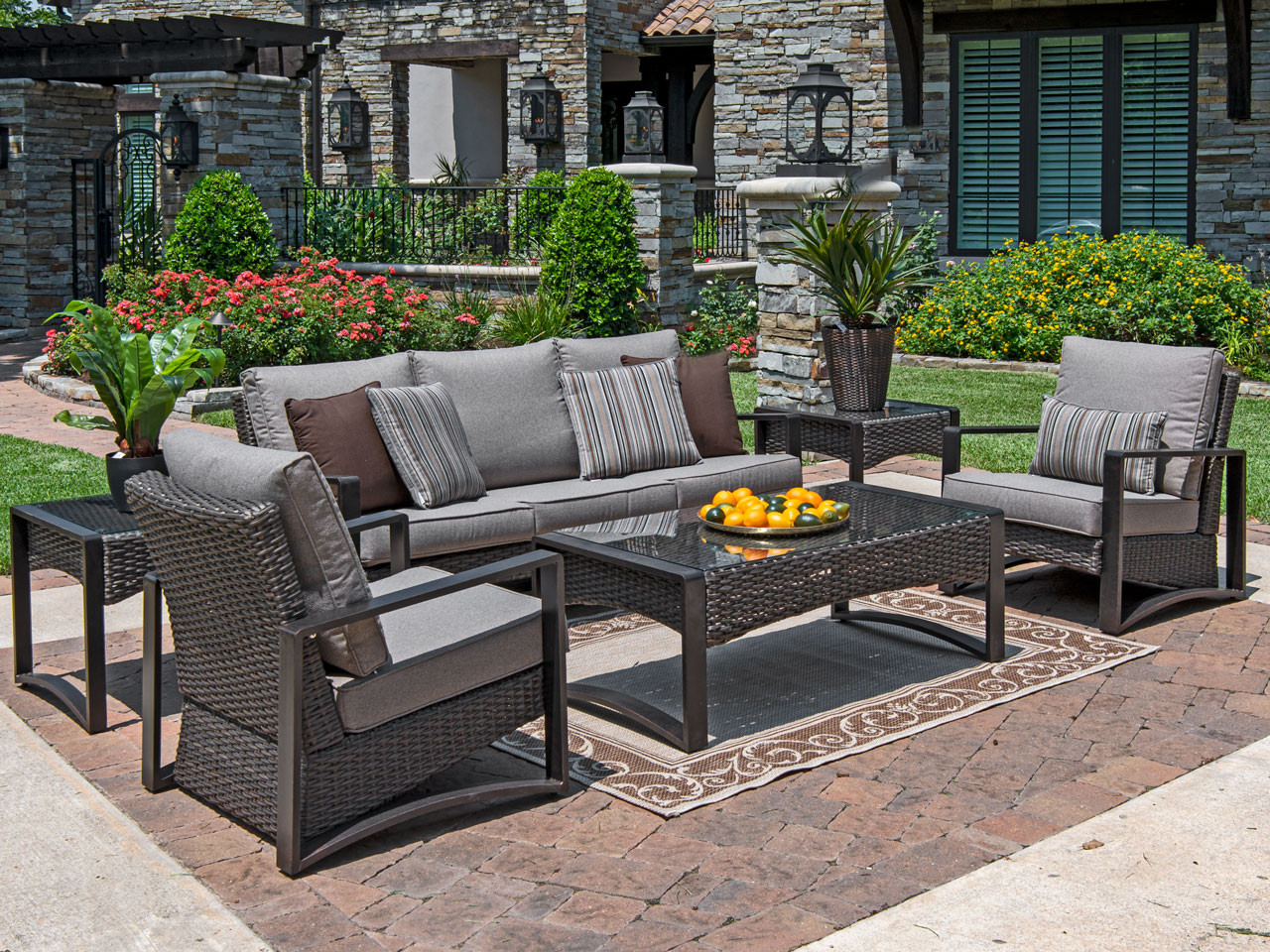 Sienna Aged Bronze Aluminum and Sea Leaf Outdoor Wicker with Chestnut Cushion 4 Pc. Sofa Group with 52 x 28 in. Coffee Table