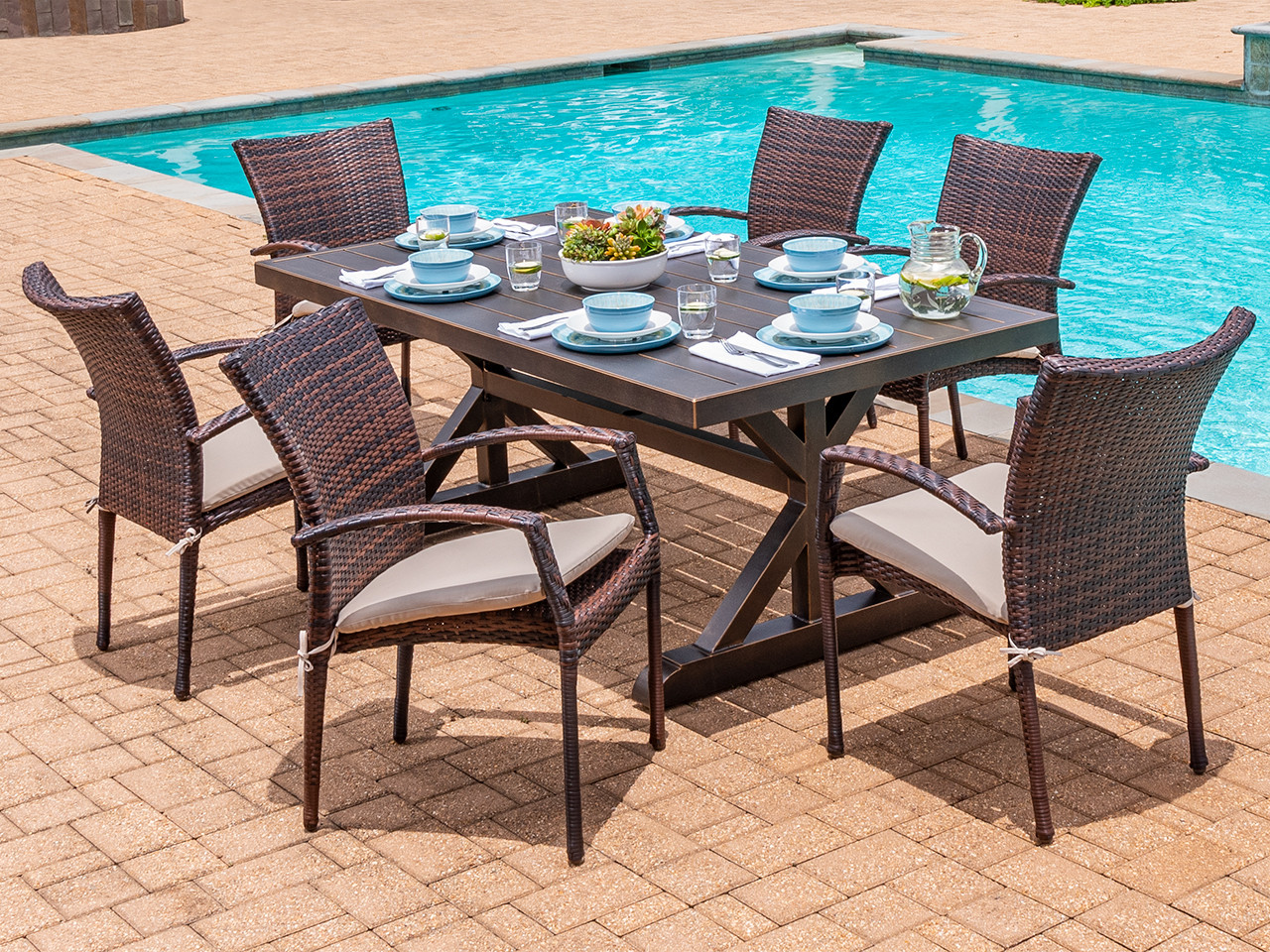 Sierra Black Gold Aluminun and Sangria Outdoor Wicker 7 Pc. Dining Set with 72 x 39 in. Dining Table