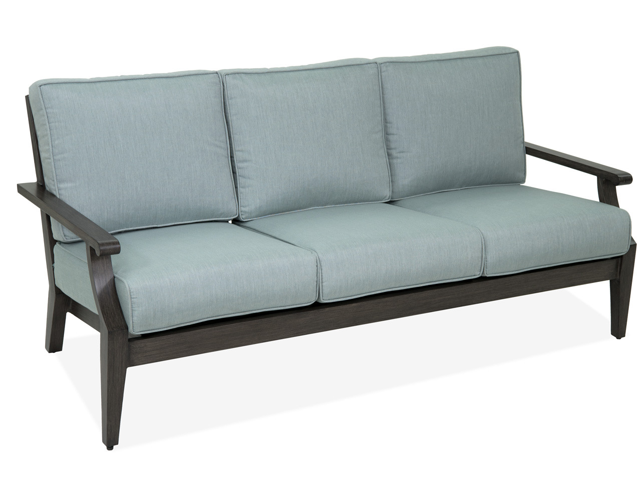 Monaco Weathered Teak Aluminum and Cast Mist Cushion 3 Pc. Sofa Group with 42 x 22 in. Coffee Table