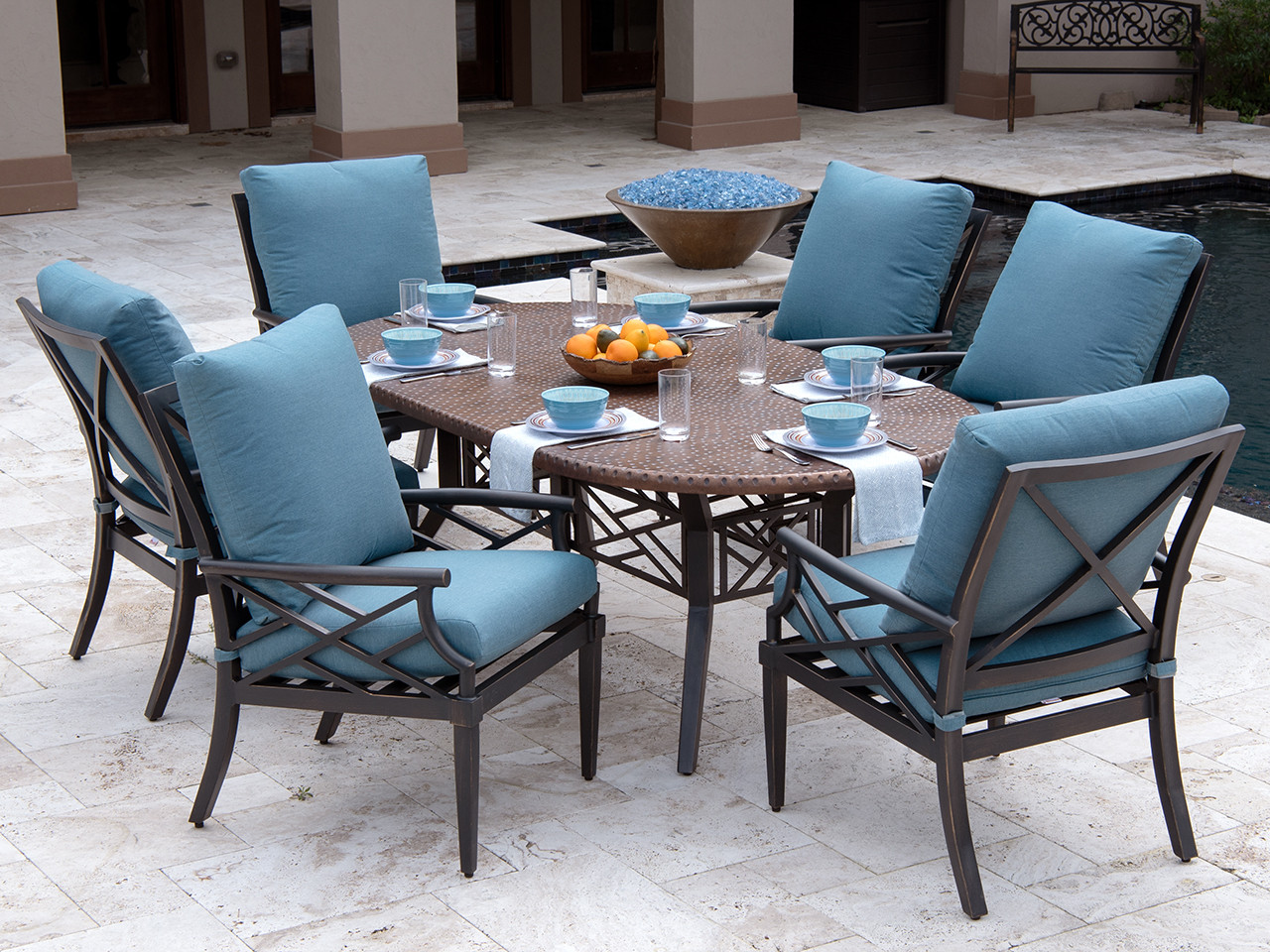 Essex Brushed Bronze Aluminum and Cast Lagoon 7 Pc. Cushion Dining Set with 84 x 44 in. Dining Table