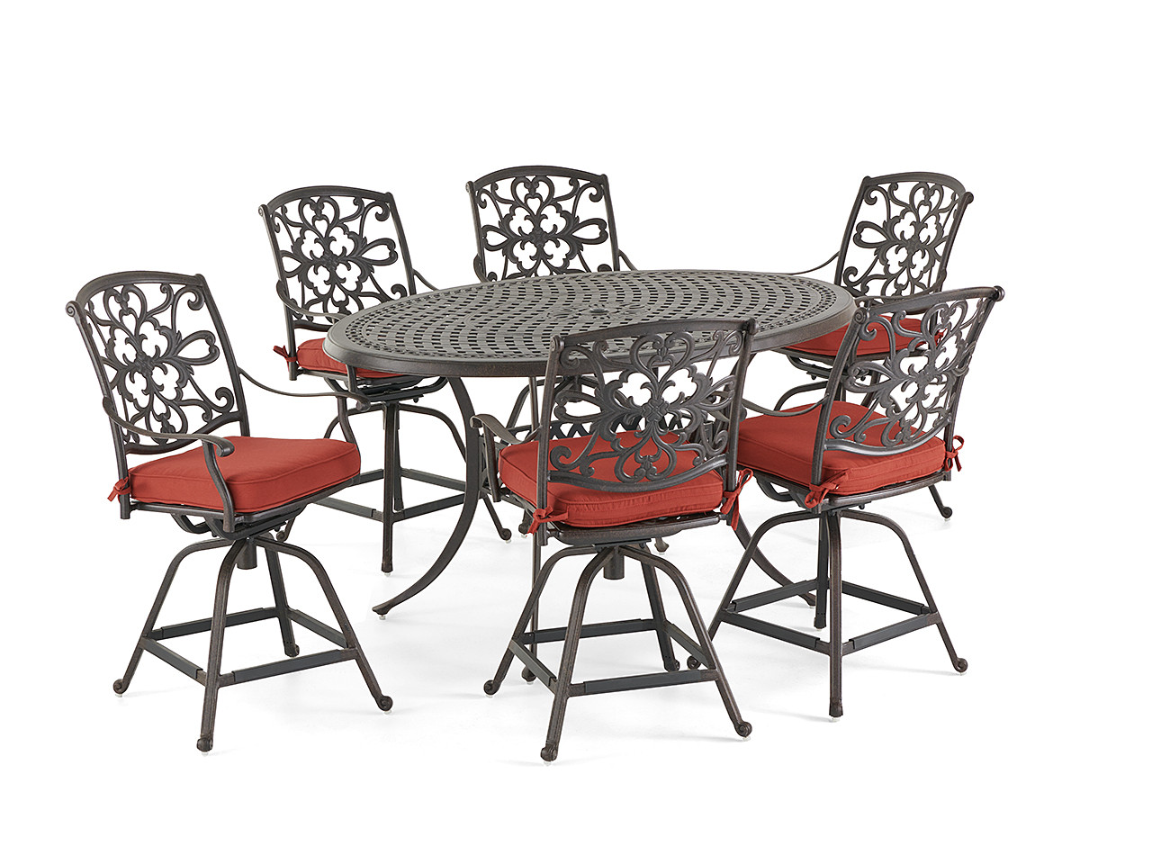 Carlisle Aged Bronze Cast Aluminum and Canvas Henna Cushion 7 Pc. Gathering Height Dining Set with 66 x 44 in. Table