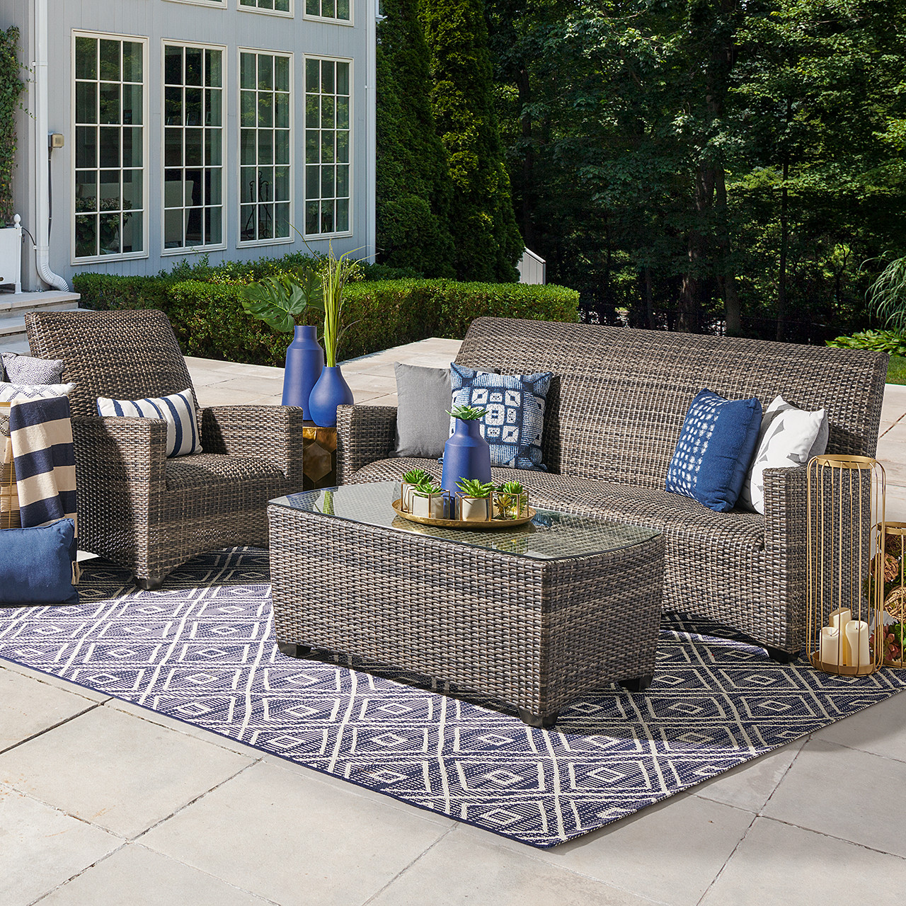 Sydney Husk Outdoor Wicker and Concealed Cushion 3 Pc. Sofa Group with 44 x 24 in. Coffee Table