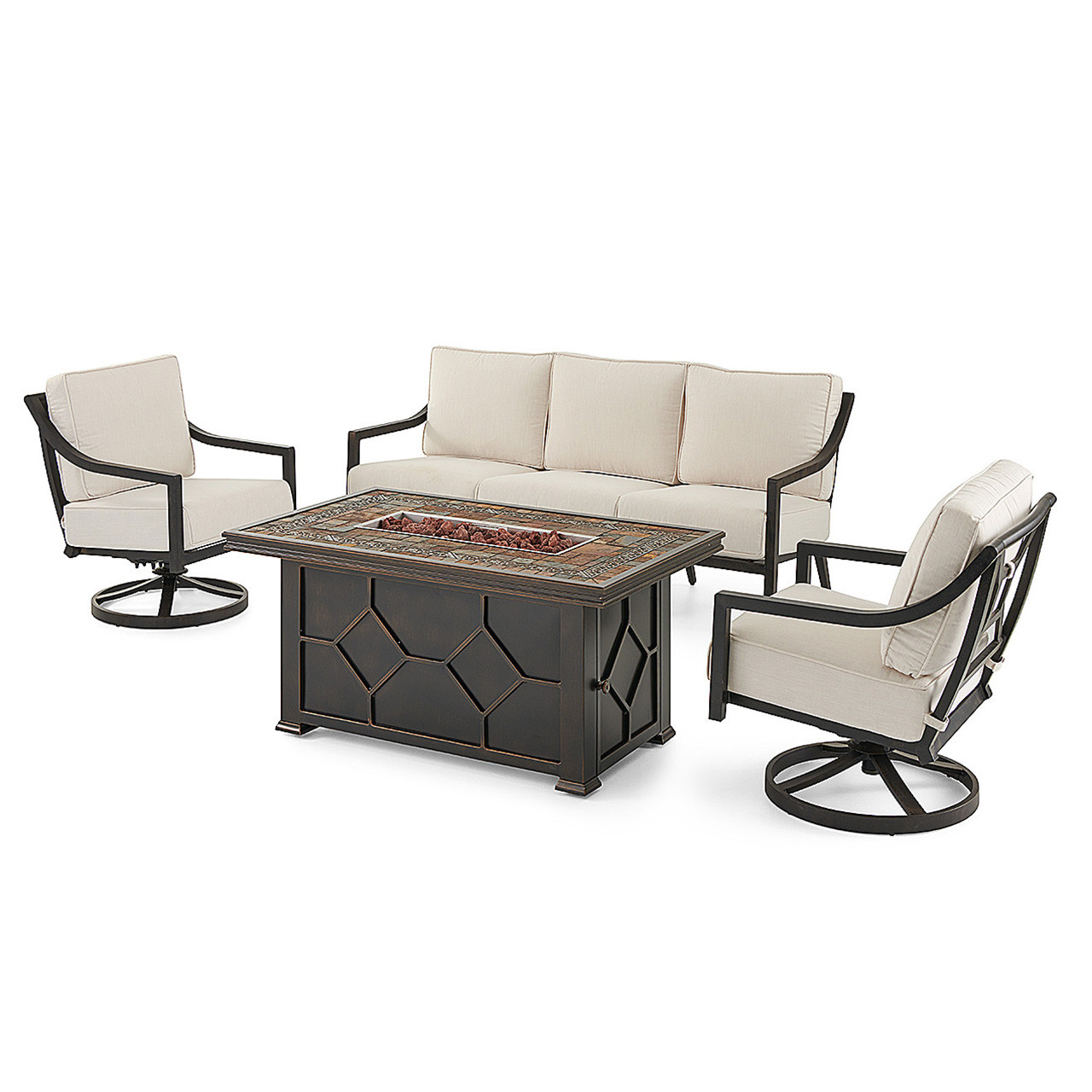 Hill Country Aged Bronze Aluminum and Cast Pumice Cushion 4 Pc. Swivel Sofa Group with 52 x 32 in. Slate Top Fire Pit Coffee Table