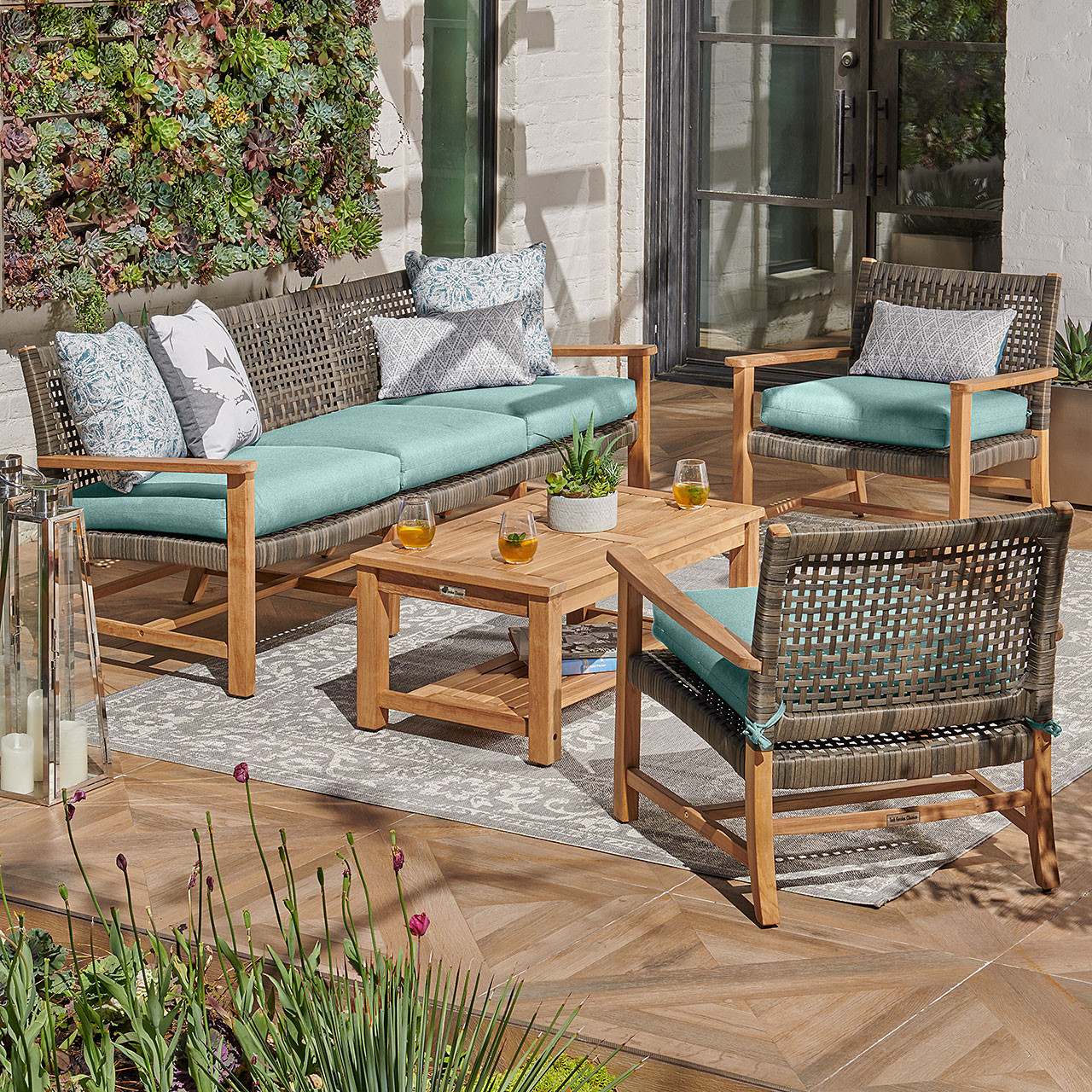 Hampton Driftwood Outdoor Wicker and Solid Teak 4 Piece Sofa Group + 39 x 24 in. Coffee Table