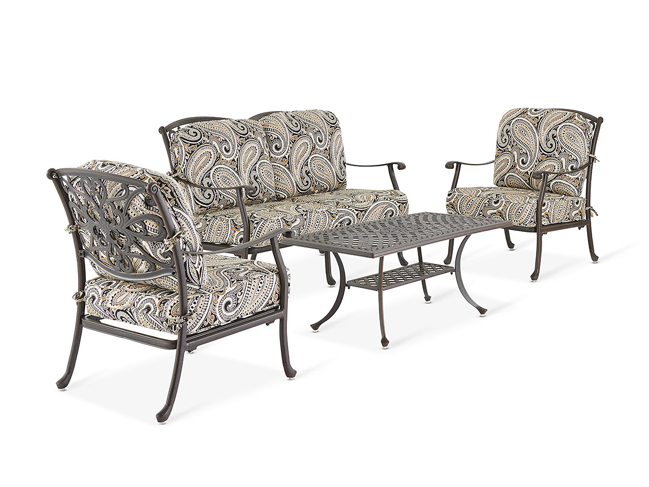 Carlisle Aged Bronze Cast Aluminum and Royce Sesame Cushion 4 Pc. Loveseat Group with 45 x 24 in. Coffee Table