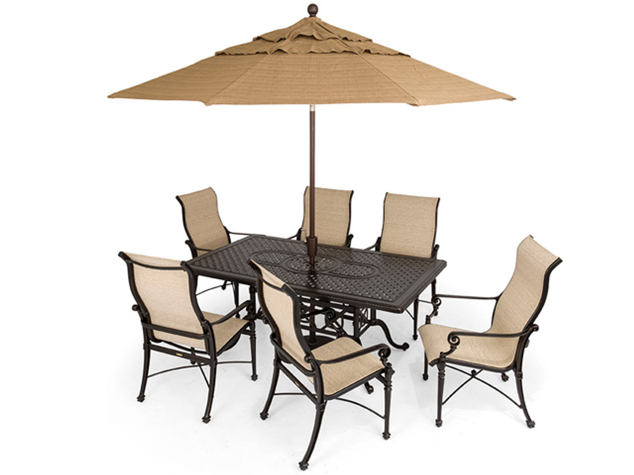 Grand Terrace Midnight Gold Cast Aluminum 7 Pc. Dining Set with Rectangle Cast Top Table
