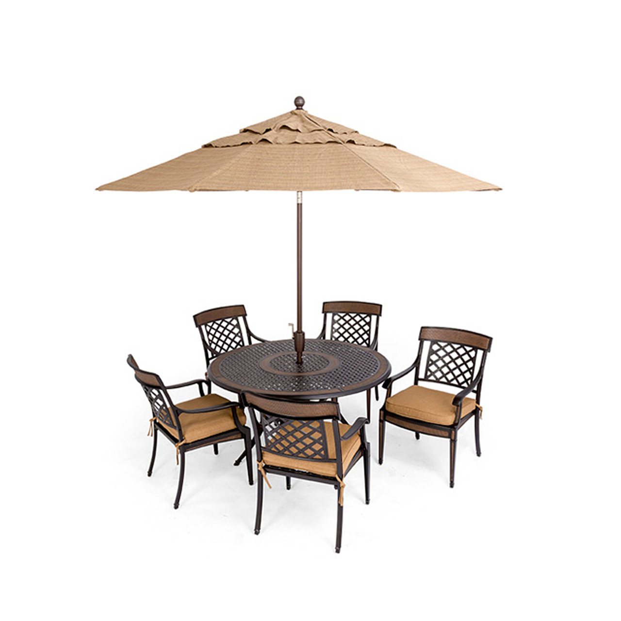 Lexington Golden Mist Cast Aluminum 5 Pc. Dining Set with 54 in. D Table with Inlaid Lazy Susan