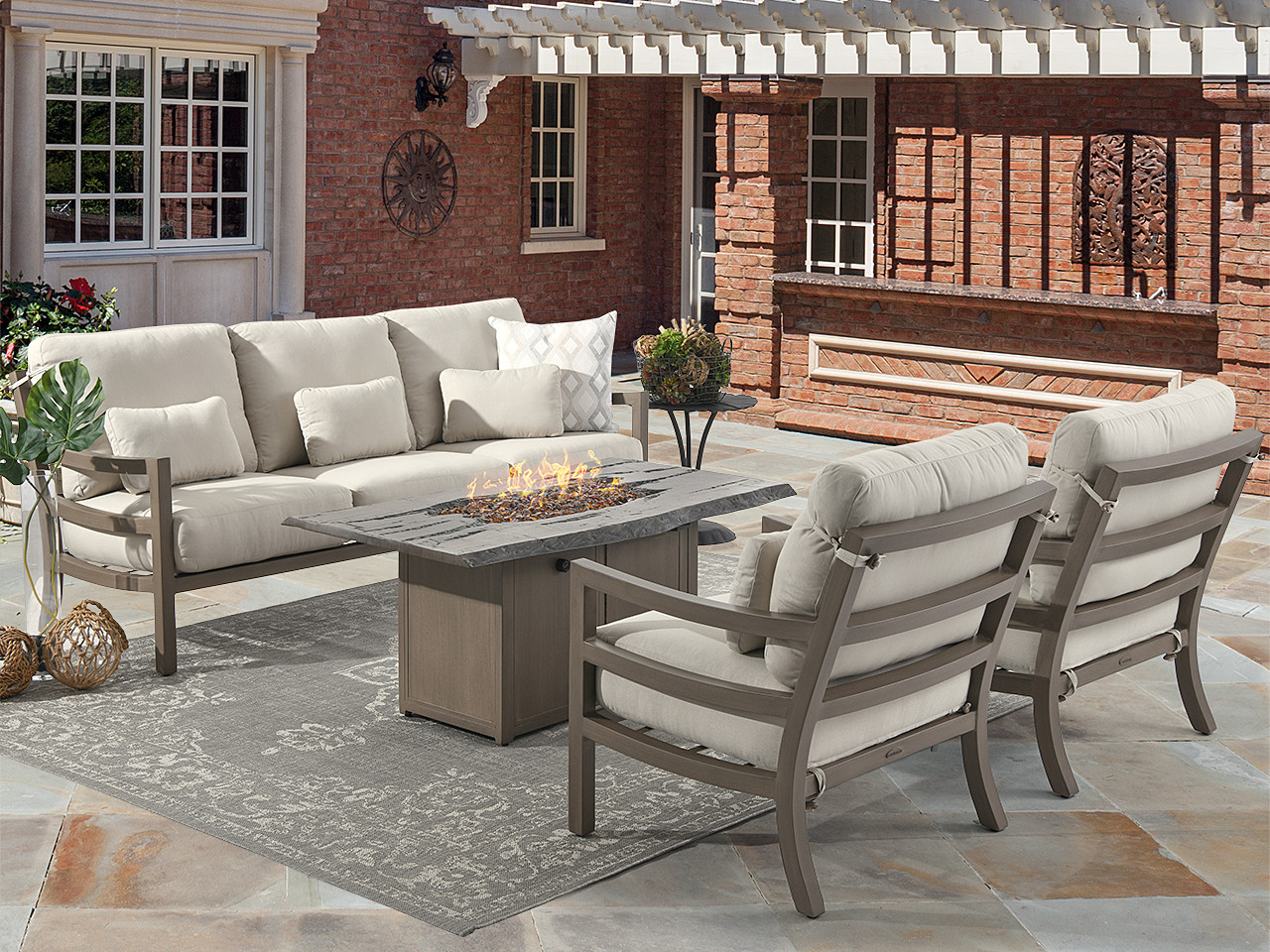 Roma Weathered Wood Aluminum and Sand Linen Cushion 4 Pc. Sofa Group with 54 x 29 in. Fire Pit