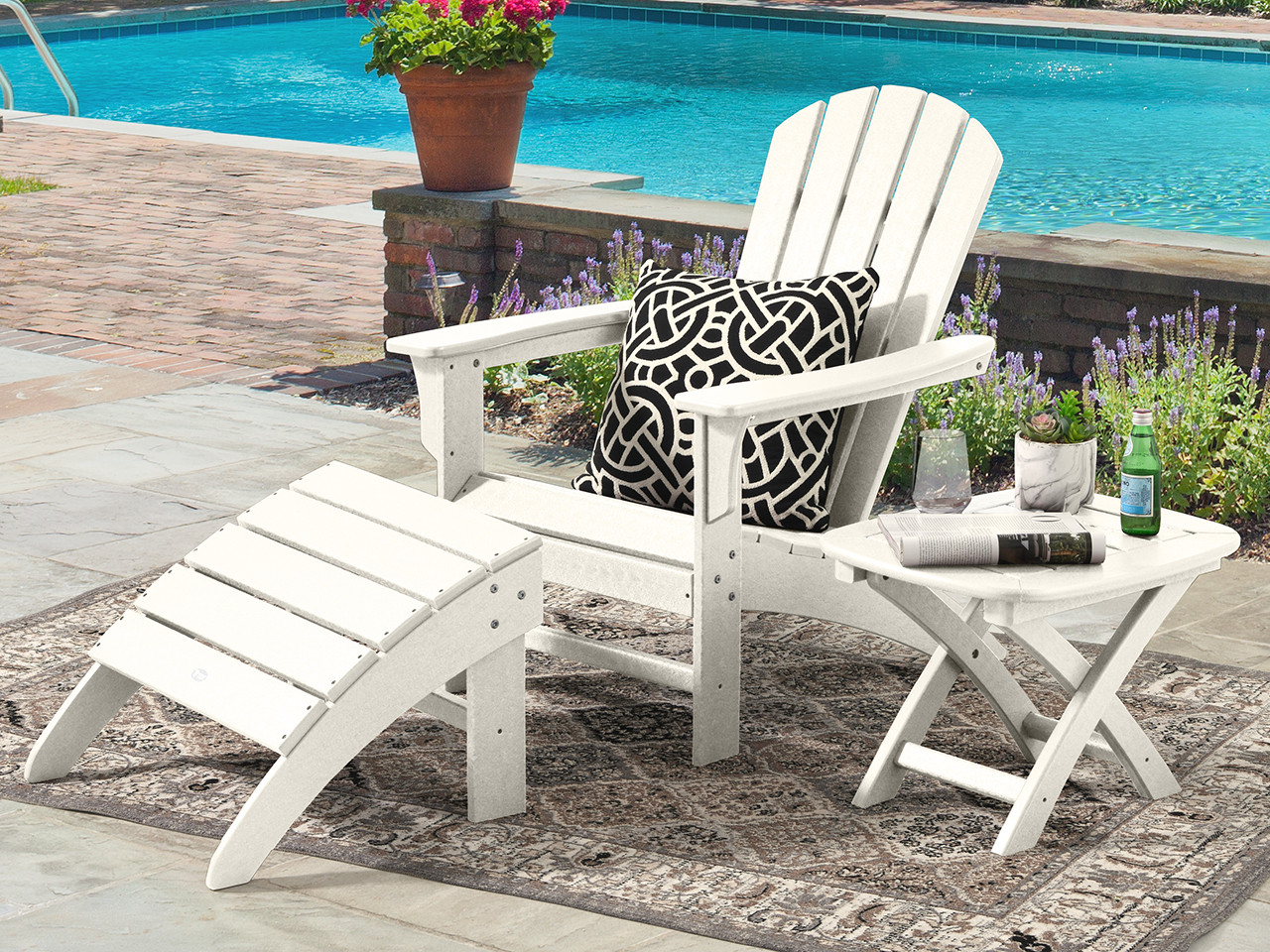 Surfside White Polymer 3 Pc. Adirondack Set with 21 x 18 in. Side Table