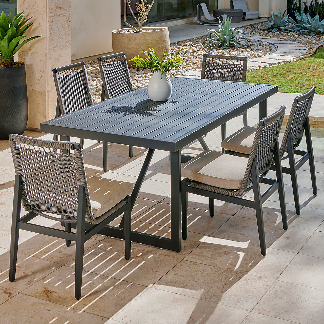 Tulum Husk Midnight with Cushions 7 Piece Side Dining Set + 79 x 40 in.  Dining Table