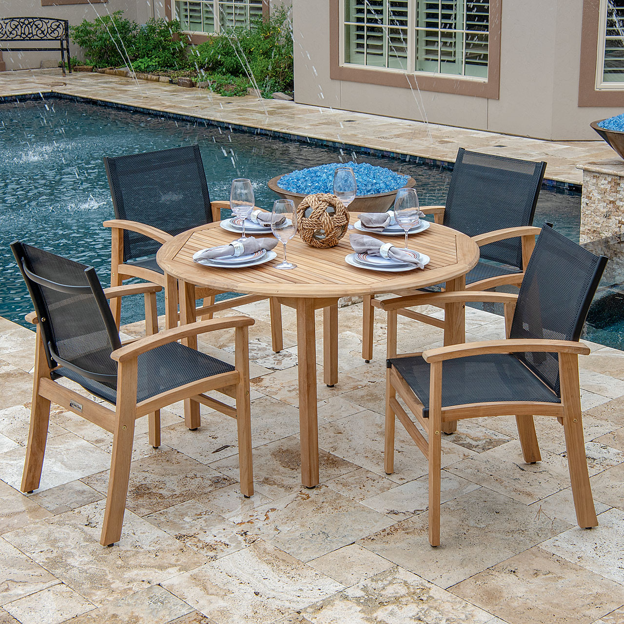 zeevruchten Cilia Flikkeren Sedona Teak and Black Sling 5 Pc. Dining Set with 48 in. D Teak Table