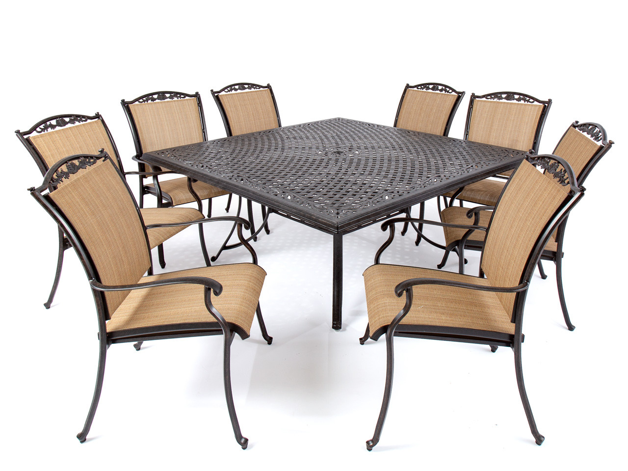 Bellagio Desert Bronze Cast Aluminum and Lamont Curry Sling 9 Pc. Dining Set with 64 in. Sq. Table